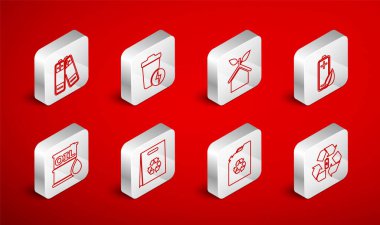 Bataryayı geri dönüşümlü çöp tenekesi çevre dostu ev yaprağı ve akü yakıtlı alışveriş torbası ve yağ fıçısı ikonu ile ayarla. Vektör.