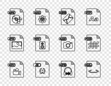 Satır MOV dosya belgesi XML MSG JS MP3 WAV ve PNG simgesini ayarla. Vektör.