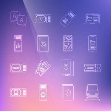 Line Train Ticket Online otel bileti rezervasyonu Müze bilet kapağı seyahat rehberi Hava yolu tercümanı ve şehir haritası simgesi Infographic. Vektör.