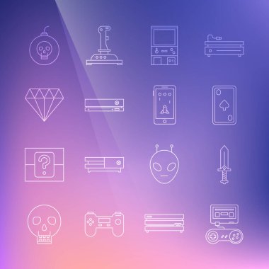 Oyun için oyun konsolunu oyun için joystick kılıcıyla ayarla. Elmas atari makinesi Retro Diamond Bomb patlamaya, Mobil 'e ve ikon çalmaya hazır. Vektör.