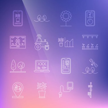 Hat Standalone sensör Smart çiftliği İHA otomatik sulama fıskiyeleri çiçek kablosuz traktör akıllı tarım teknolojisi kontrol sistemi ve istatistik ikonu ile ayarlayın. Vektör.