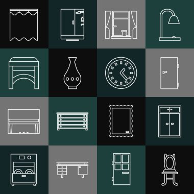 Sıralı Sandalye Gardırobu perde perdeleri, vazo perdeleri ve saat simgesi olan kapalı kapı penceresi. Vektör.