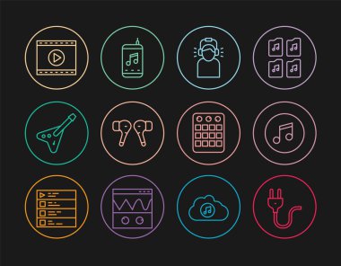 Set hattı Electric plug, Music note, tone, Man in ear, Air, bass gitar, Online playplay video, Drum machine and player simgesi. Vektör