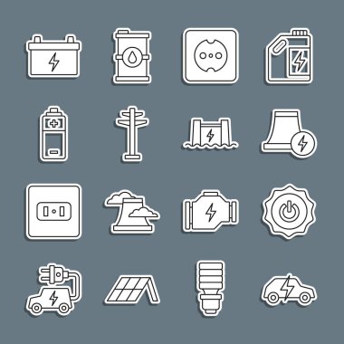 Elektrik hattı, elektrik düğmesi, nükleer güç santrali, elektrik prizi, kule, pil, araba aküsü ve hidroelektrik baraj ikonu. Vektör