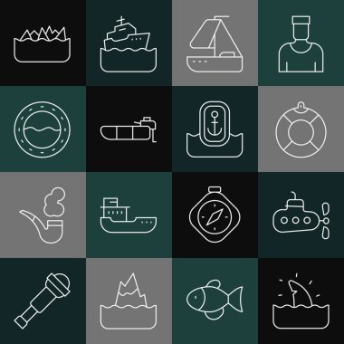 Okyanus dalgasında köpekbalığı yüzgeci, denizaltı, Lifebuoy, Yat yelkenlisi, motorlu şişirilebilir, gemi penceresi, Keskin taş resifleri ve konum çapa simgesi. Vektör