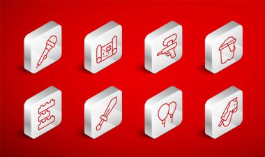 Oyuncak at, korsan hazine haritası, su tabancası, kovadaki kum, balonlar, mikrofon, kılıç oyuncağı ve yapı taşı ikonu. Vektör