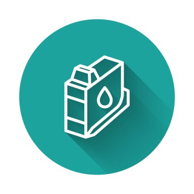 Beyaz çizgi yazıcı mürekkep kartuşu simgesi uzun gölgeli izole edilmiş. Yeşil daire düğmesi. Vektör.