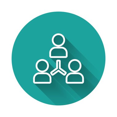 Beyaz çizgi Proje ekibi üs simgesi uzun gölgeli izole edildi. İş analizi ve planlama, danışmanlık, takım çalışması, proje yönetimi. Yeşil daire düğmesi. Vektör.