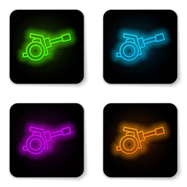 Parlayan neon hattı Howitzer simgesi beyaz arkaplanda izole edildi. Silahla ateş etmek. Topçular. Siyah kare düğme. Vektör