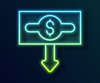 Parlayan neon hattı dolar oranı siyah arkaplanda izole edilmiş simgeyi azaltır. Maliyet düşüşü. Aşağı ok ile para sembolü. İş kaybı kriz azalıyor. Vektör