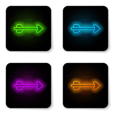 Parlayan neon çizgi ok simgesi beyaz arkaplanda izole edildi. Siyah kare düğme. Vektör