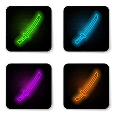Parlayan neon hattı geleneksel Japon katana simgesi beyaz arka planda izole edildi. Japon kılıcı. Siyah kare düğme. Vektör