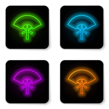 Glowing neon line Traditional paper chinese or japanese folding fan icon isolated on white background. Black square button. Vector