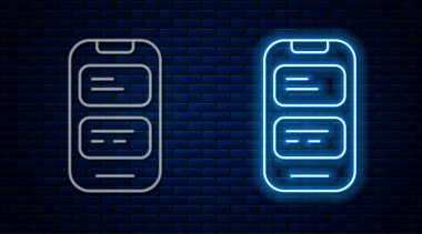 Parlayan neon hattı çevrimiçi çevirmen simgesi tuğla duvar arka planında izole edildi. Sohbet balonunda yabancı dil konuşma simgeleri. Çeviri konsepti. Vektör