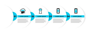 Satır Mobil ve yüz tanıma, göz taraması, anahtar deliği ve Cloud VPN arayüz simgesini ayarla. Vektör
