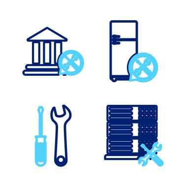 Satır veritabanı sunucu servisi, tornavida ve anahtar, Buzdolabı ve Banka binası simgesini ayarla. Vektör