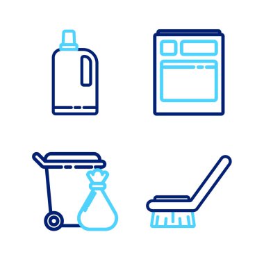 Temizlik, çöp tenekesi ve çöp torbası, mutfak bulaşık makinesi ve yumuşatıcı ikonu için hat fırçasını hazırlayın. Vektör