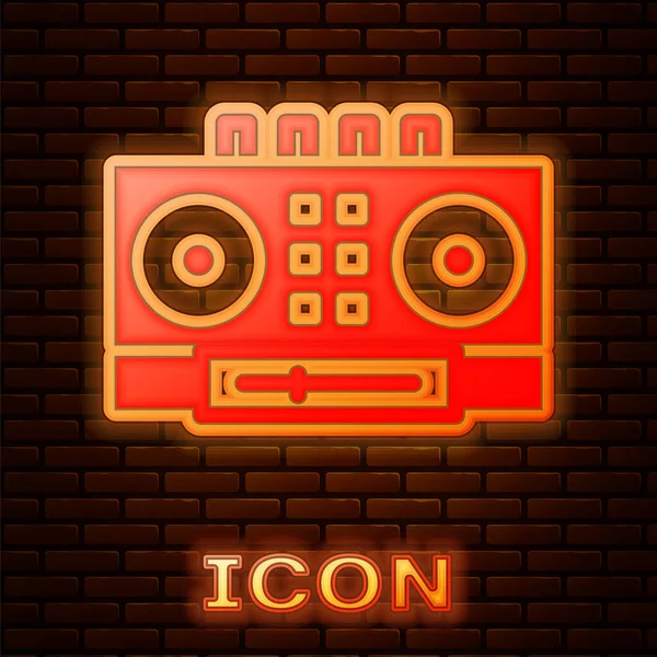 Radioso Neon Remoto Riproduzione Miscelazione Icona Musicale Isolato Sfondo Muro — Vettoriale Stock