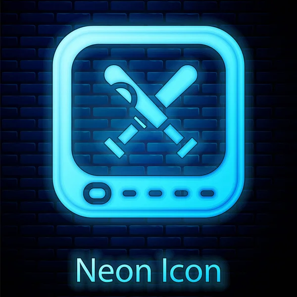 Glödande Neon Övervaka Med Baseball Boll Och Bat Skärmen Ikonen — Stock vektor