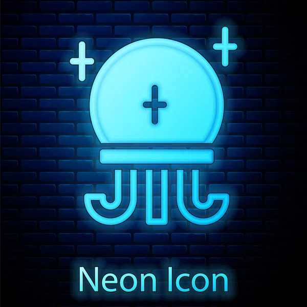 Gloeiende Neon Magic Ball Icoon Geïsoleerd Bakstenen Muur Achtergrond Kristallen — Stockvector