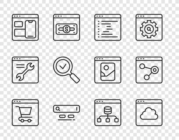 Satır Çevrimiçi alışverişini ekrandan ayarla, Bulut teknolojisi veri transferi, Tarayıcı penceresi, Arama motoru, Web geliştirici programlama kodu, işaretli büyüteç, sunucu, veri ve simge. Vektör