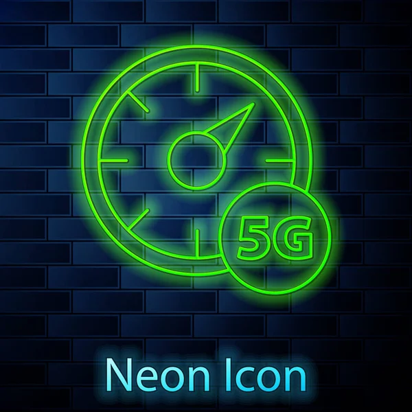 Zářící Neonová Linka Koncept Digitálního Rychloměru Ikonou Izolovanou Pozadí Cihlové — Stockový vektor