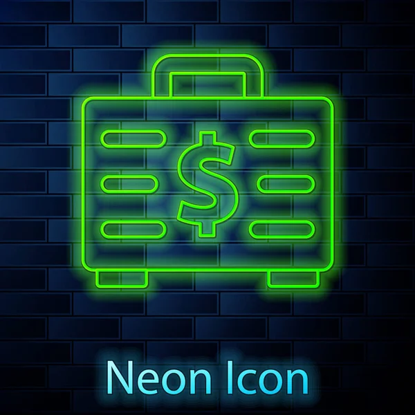 Świecący Neon Linii Teczka Ikona Pieniędzy Izolowane Tle Cegły Ściany — Wektor stockowy