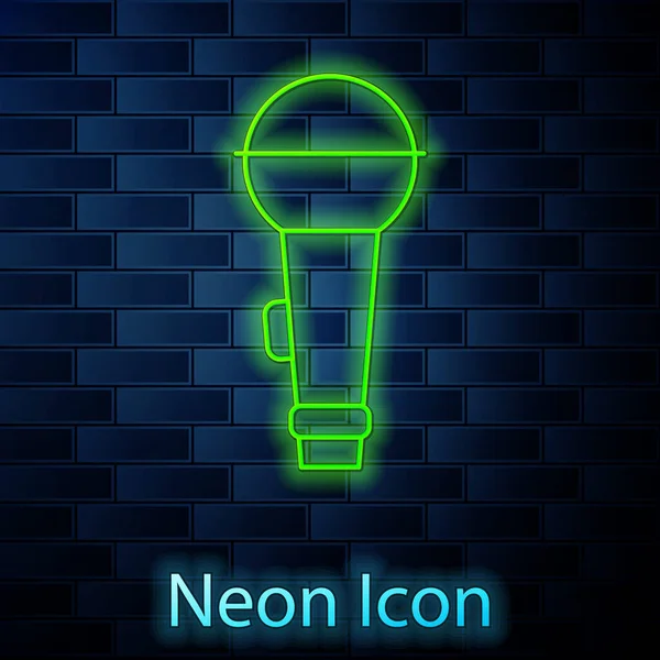 Gloeiende Neon Lijn Microfoon Pictogram Geïsoleerd Baksteen Muur Achtergrond Radio — Stockvector