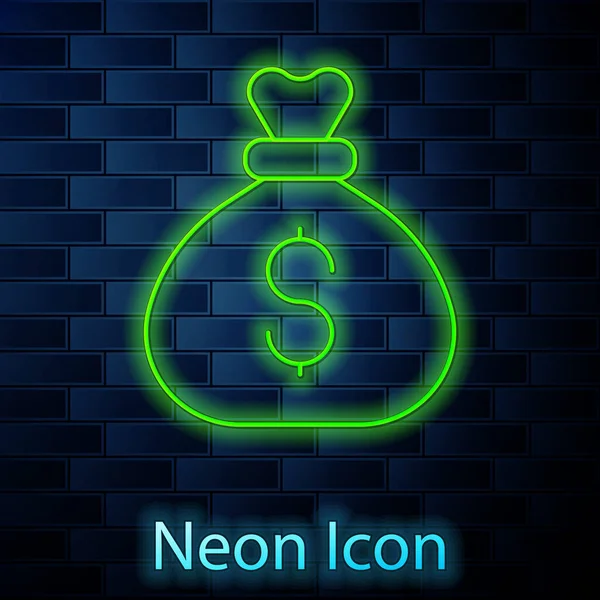 Glowing Neon Line Money Bag Icon Isolated Brick Wall Background — Stock Vector