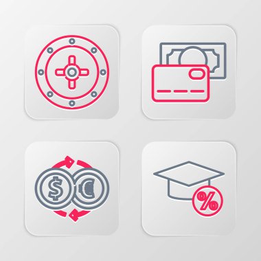 Mezuniyet kepi ve madeni para, para değişimi, kredi kartı ve kasa simgesi. Vektör