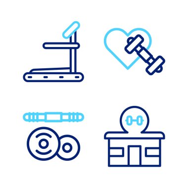 Beden Eğitimi Binası, Barbell, Kalbi ve Koşu bandı ikonu olan Dumbbell. Vektör