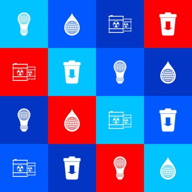 Ampulü dünya küresiyle, Dünya gezegenini su damlasına radyoaktif atık variline ayarla ve çöp ikonuna gönder. Vektör.