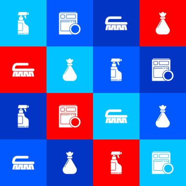 Sprey şişesine deterjan, mutfak bulaşık makinesi temizlik fırçası ve çöp poşeti ikonu koyun. Vektör.