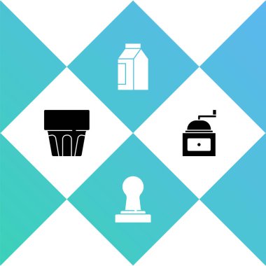 Bardağı suyla, kahve karıştırıcıyla, kahve çekirdekleriyle ve manuel öğütücü ikonuyla hazırla. Vektör.