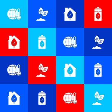 Küresel ısınma, tesis, çevre dostu ev ve doğa yaprağı ve pil ikonunu ayarla. Vektör.