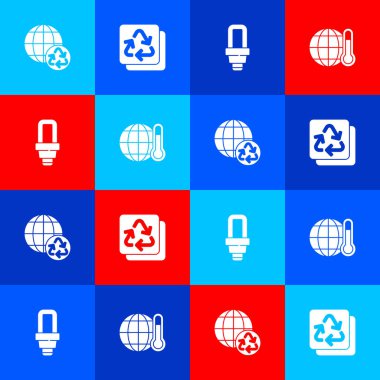Yeryüzünü ve geri dönüşüm, geri dönüşüm, LED ampul ve küresel ısınma ikonunu ayarla. Vektör.