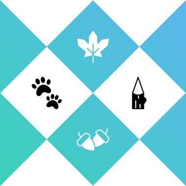 Paw baskısı, meşe palamudu, Kanada akçaağaç yaprağı ve tahta kütük ikonu. Vektör.