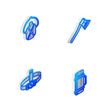 Tahta balta, matara su şişesi, el feneri ve termos kabı simgesini ayarlayın. Vektör.