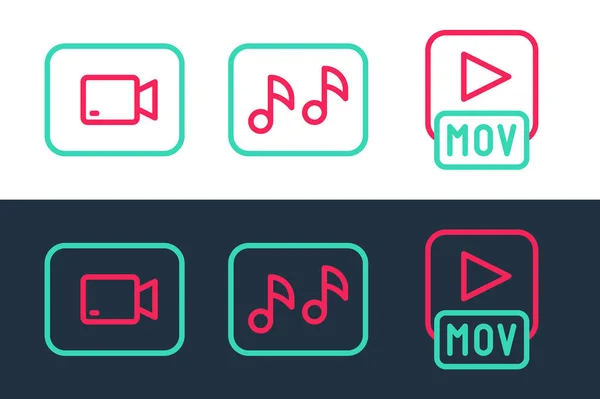 Set Line Mov Datei Play Video Taste Und Musik Notiz — Stockvektor