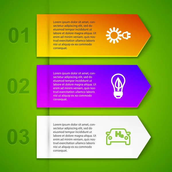 stock vector Set line Sun with electric plug, Light bulb leaf, Hydrogen car and Eco concept drive. Business infographic template. Vector.