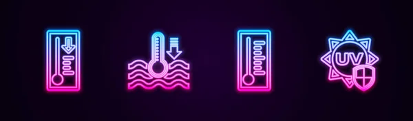 Установите Линию Метеорологической Термометра Воды Ультрафиолетовой Защиты Светящаяся Неоновая Икона — стоковый вектор
