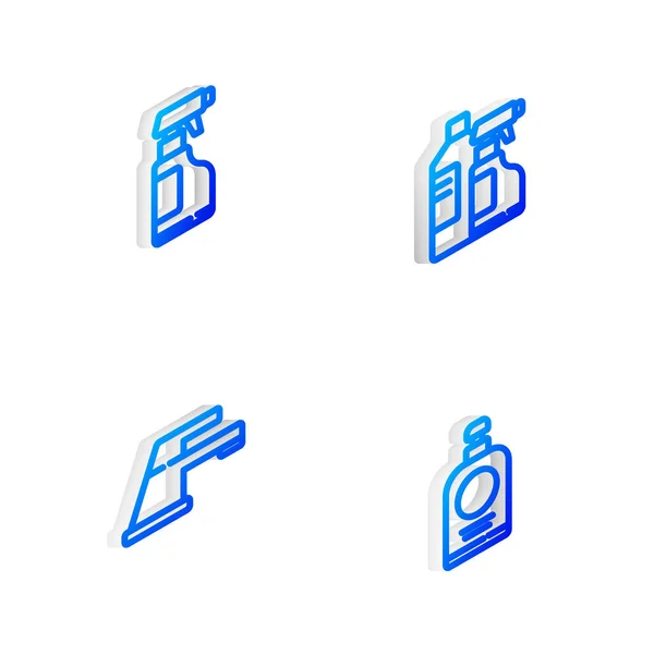设置等距线箱为清洁剂 喷雾瓶与洗涤剂液体 水龙头和洗手图标 — 图库矢量图片