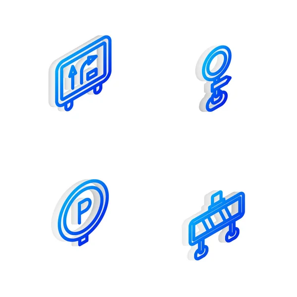 Set Isometric Line Road Traffic Sign Parking Barrier Icon Vector — Stock Vector