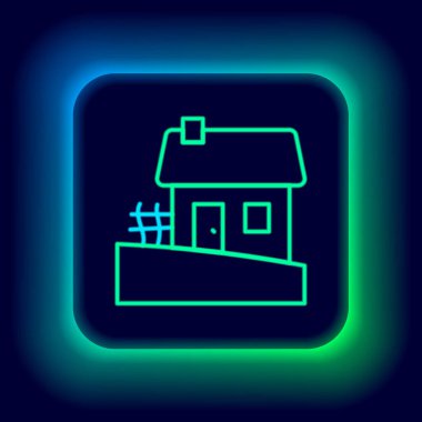 Parlayan neon hattı Eski Ukrayna ev kulübesi simgesi siyah arka planda izole edildi. Geleneksel köy evi. Renkli taslak konsepti. Vektör