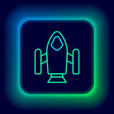 Parlayan neon hattı Roket gemisi simgesi siyah arkaplanda izole edildi. Uzay yolculuğu. Renkli taslak konsepti. Vektör
