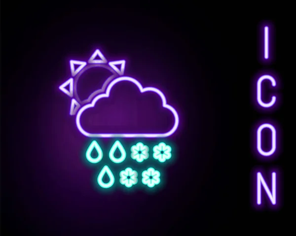Glödande Neon Line Moln Med Snö Regn Och Sol Ikon — Stock vektor