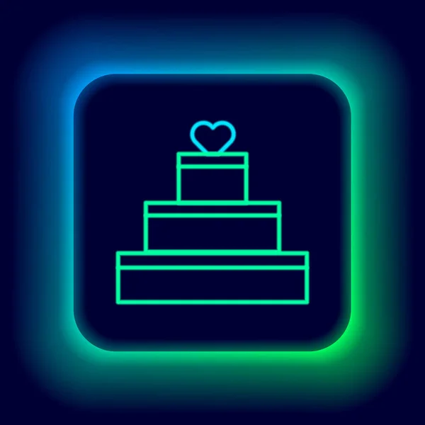 Leuchtende Neon Linie Hochzeitstorte Mit Herz Symbol Isoliert Auf Schwarzem — Stockvektor