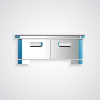 Kağıt kesiği Çekmece Sandığı simgesi gri arkaplanda izole edilmiş. Kağıt sanatı tarzı. Vektör.