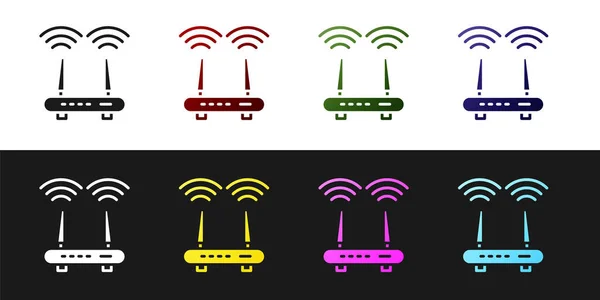 Set Router Signal Icon Isolated Black White Background Wireless Ethernet — Stock Vector