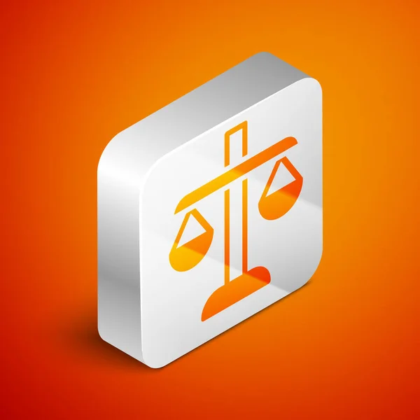 オレンジの背景に孤立した正義のアイコンの等方性スケール 裁判所のシンボル バランス スケール サイン 銀四角形のボタン ベクトル — ストックベクタ